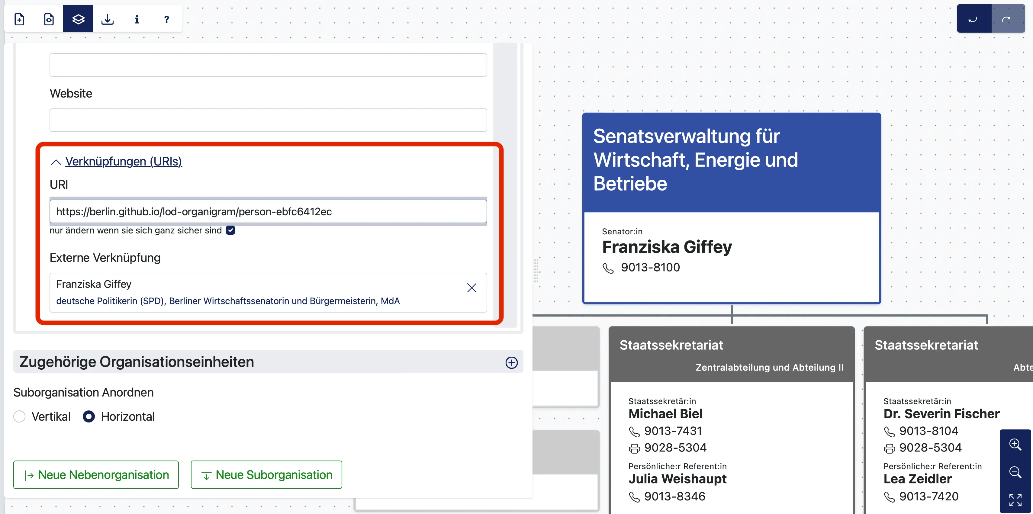 Anlegen einer URI im Organigramm-Tool für Franziska Giffey und Verknüpfung mit der existierenden Wikidata-URI.