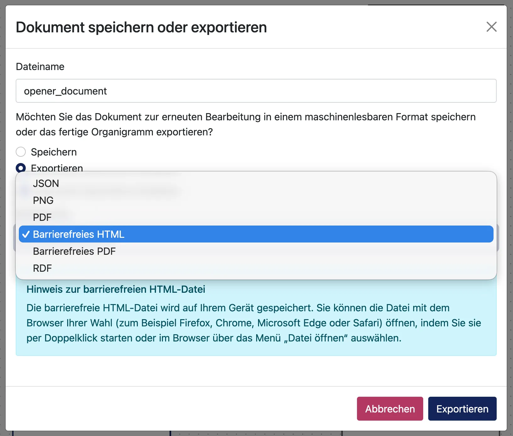 Screenshot der export Funktion