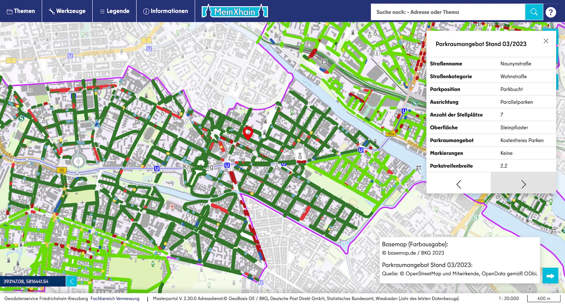 Parkplatzdaten aus OpenStreetMap im Geodatenportal von Friedrichshain-Kreuzberg