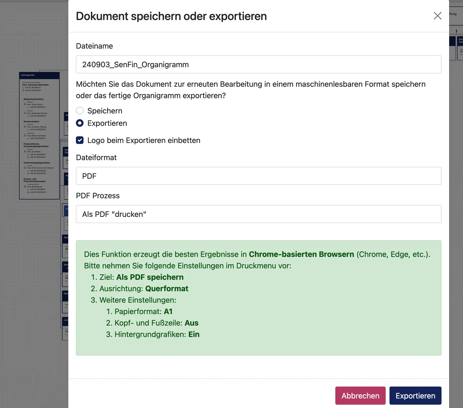 Neunter Schritt – Fertiges Organigramm exportieren